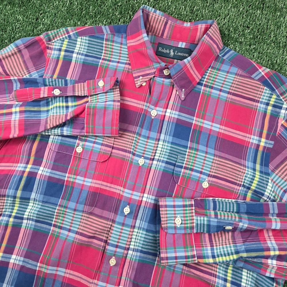 Ralph Lauren Mens Large Plaid Button Down Shirt Pink Purple Blue Long Sleeve L
